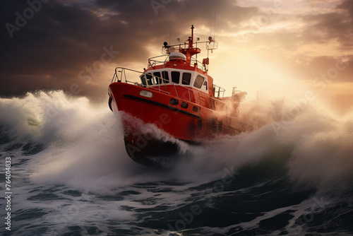 Generative AI image of orange rescue or coast guard patrol boat industrial vessel in blue sea ocean water photo