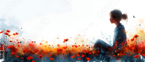 A tranquil digital painting showing a woman sitting peacefully in a vibrant field of red poppies with a watercolor style