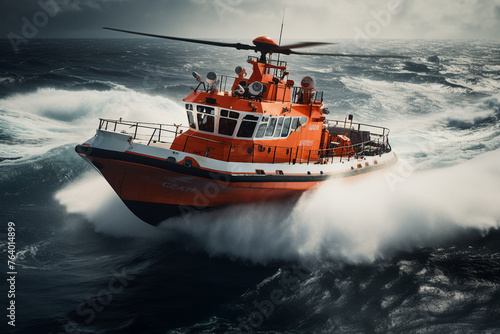 Generative AI image of orange rescue or coast guard patrol boat industrial vessel in blue sea ocean water © Tetiana