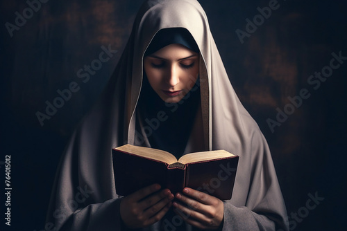 Mysterious religious person nun priest in church robe serious face expression Generative AI illustration