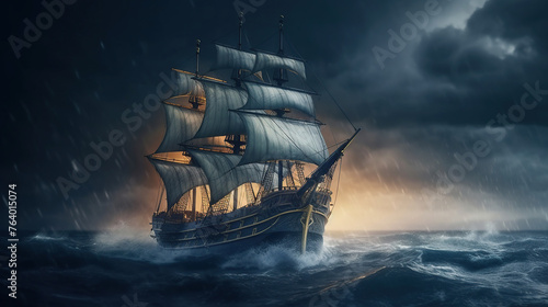 Sailing old ship in a storm sea, Ship in Stormy Sea