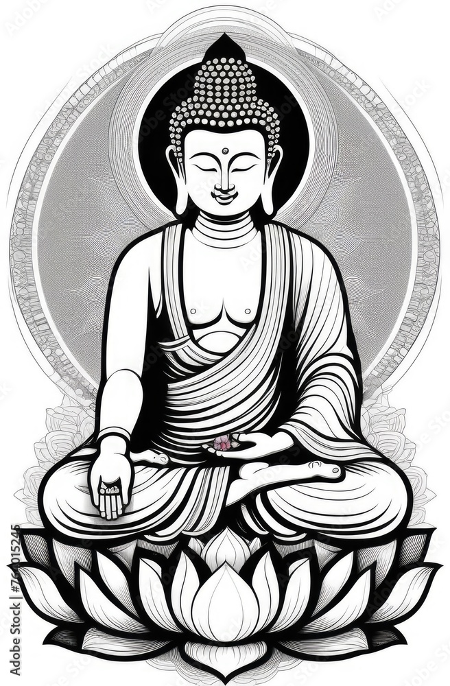 flat illustration of buddha statue in lotus position. meditation, awareness and spirituality