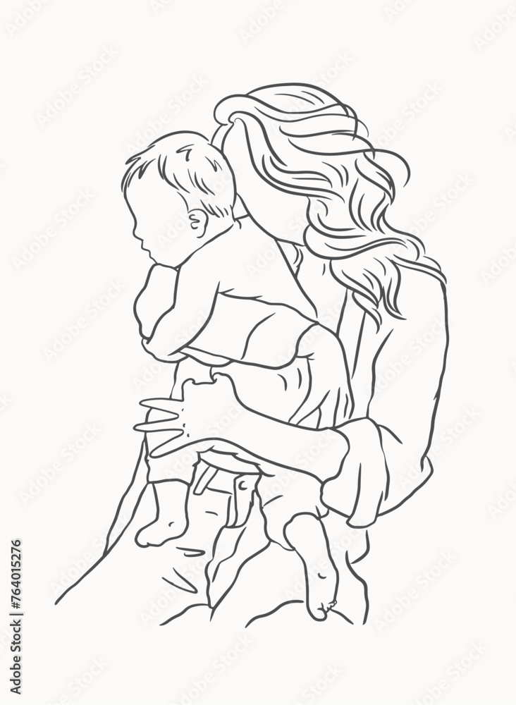 Hand drawn mom hug baby vector, sketch mom and baby