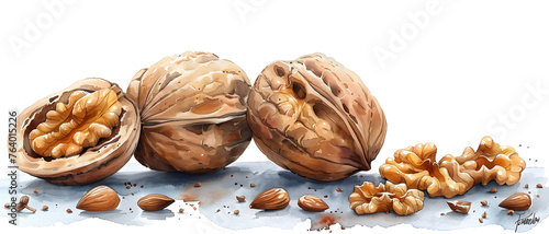 A highly detailed illustration showing a group of whole and cracked walnuts with visible kernels, depicted with watercolor effects