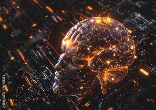 Futuristic cybernetic brain interface: detailed visualization of advanced neural networks and artificial intelligence systems