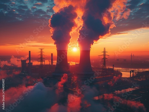 Cooling towers emitting steam, sunset glow, imposing industrial silhouette