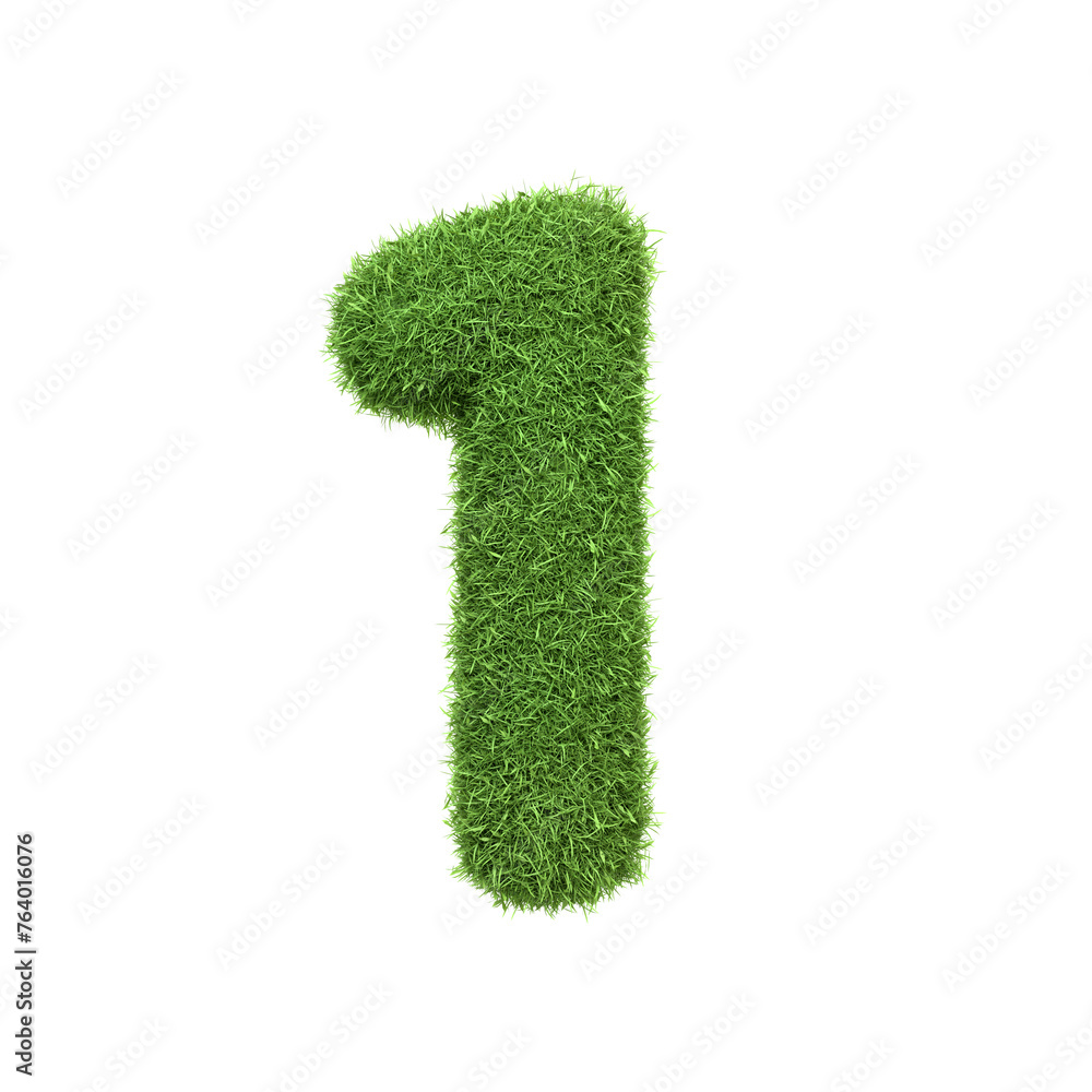 The number 1 shaped from dense green grass, set against a pure white backdrop. Number one. Front view. 3D render illustration The number 1 shaped from dense green grass, set against a pure white backdrop. Number one. Front view. 3D render illustration