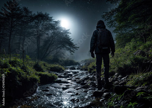 Silhouette of man with backpack standing in the middle of a mountain stream at night