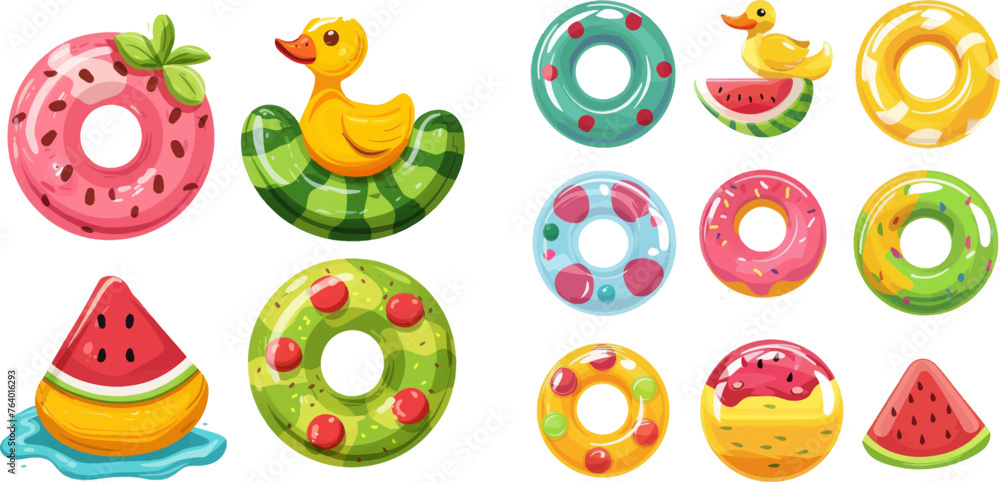Swimming circles, cute pool watermelon, donut and duck toys vector illustration set