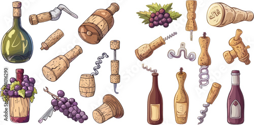 Different types bungs for bottles, champagne cork with corkscrew isolated vector illustration set