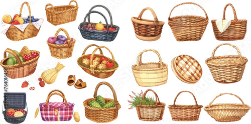 Picnic baskets vector illustration set. Easter holiday various containers for food