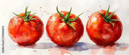 Artistic interpretation of two whole tomatoes and one sliced open revealing the fresh inside