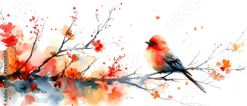 A vivid watercolor painting of a cardinal bird perched on a branch with blooming flowers, symbolizing nature and serenity © Janina