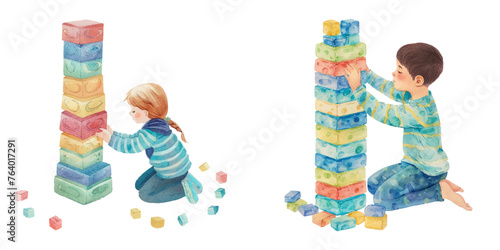 cute kid play with color block watercolour vector illustration 