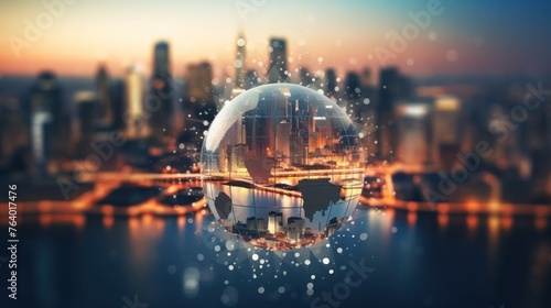 Creative image of cityscape and abstract globe with connected hr icons. Global network concept photo