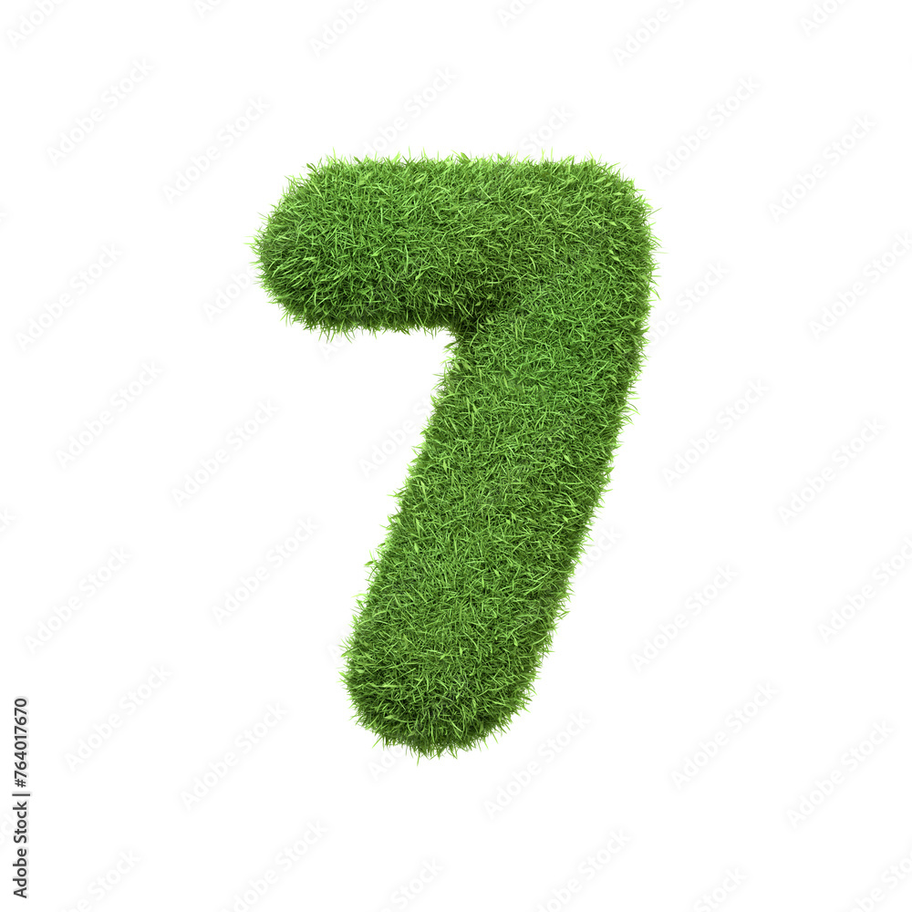 The number 7 shaped from dense green grass, set against a pure white backdrop. Number seven. Front view. 3D render illustration The number 7 shaped from dense green grass, set against a pure white backdrop. Number seven. Front view. 3D render illustration