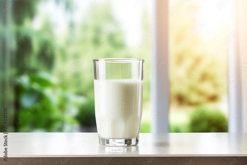 A glass of fresh milk on a bright kitchen table. Simple and inviting. A glass of fresh milk on a bright kitchen table. Simple and inviting.