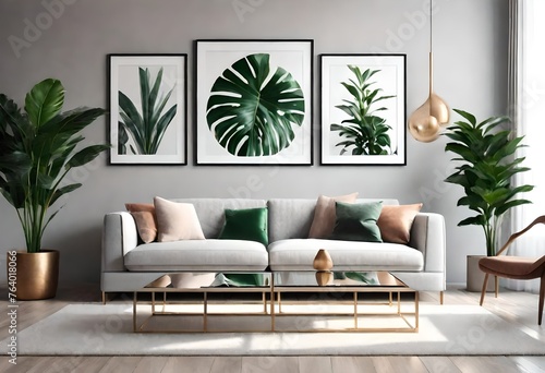 Modern concept of living room interior with design modular boucle sofa, glassy coffee table, mock up poster frames, plants and elegant decorations. Home decor. photo