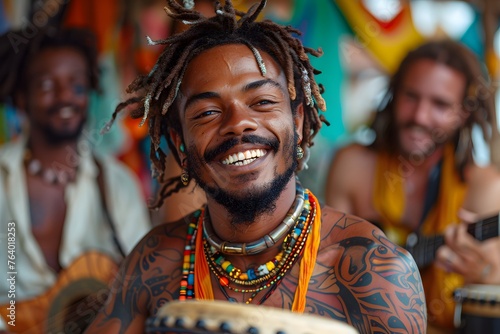 Man With Dreadlocks Smiles Playing Musical Instrument © D