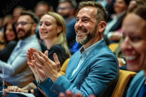 Joyous colleagues in a convention center, sitting and applauding at a conference seminar, their clapping symbolizing success and shared happiness in the business world. © RodriguezGarcia