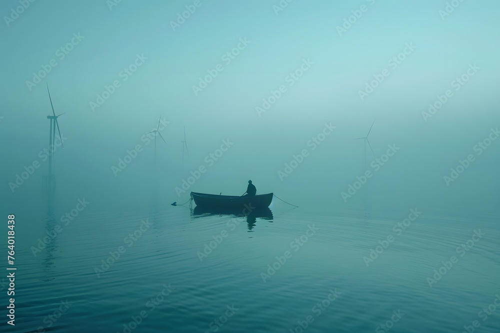 Person Boating on Foggy Lake Person Boating on Foggy Lake