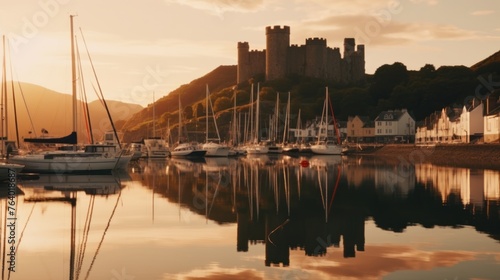A multi image panorama of Conwy Castle and harbour seen photo
