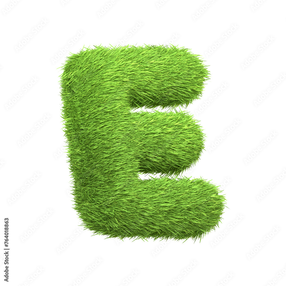Capital letter E shaped from lush green grass, isolated on a white background. Side view. 3D render illustration Capital letter E shaped from lush green grass, isolated on a white background. Side view. 3D render illustration