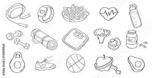 Weight loss, fitness and healthy lifestyle outline illustrations. Vector set of cute elements in doodle style isolated on white background.