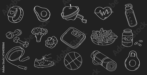 Weight loss, fitness and healthy lifestyle outline illustrations. Vector set of cute elements in doodle style isolated on dark background.