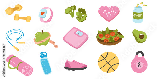 Weight loss set. Cute vector elements. Fitness and healthy lifestyle icons collection.