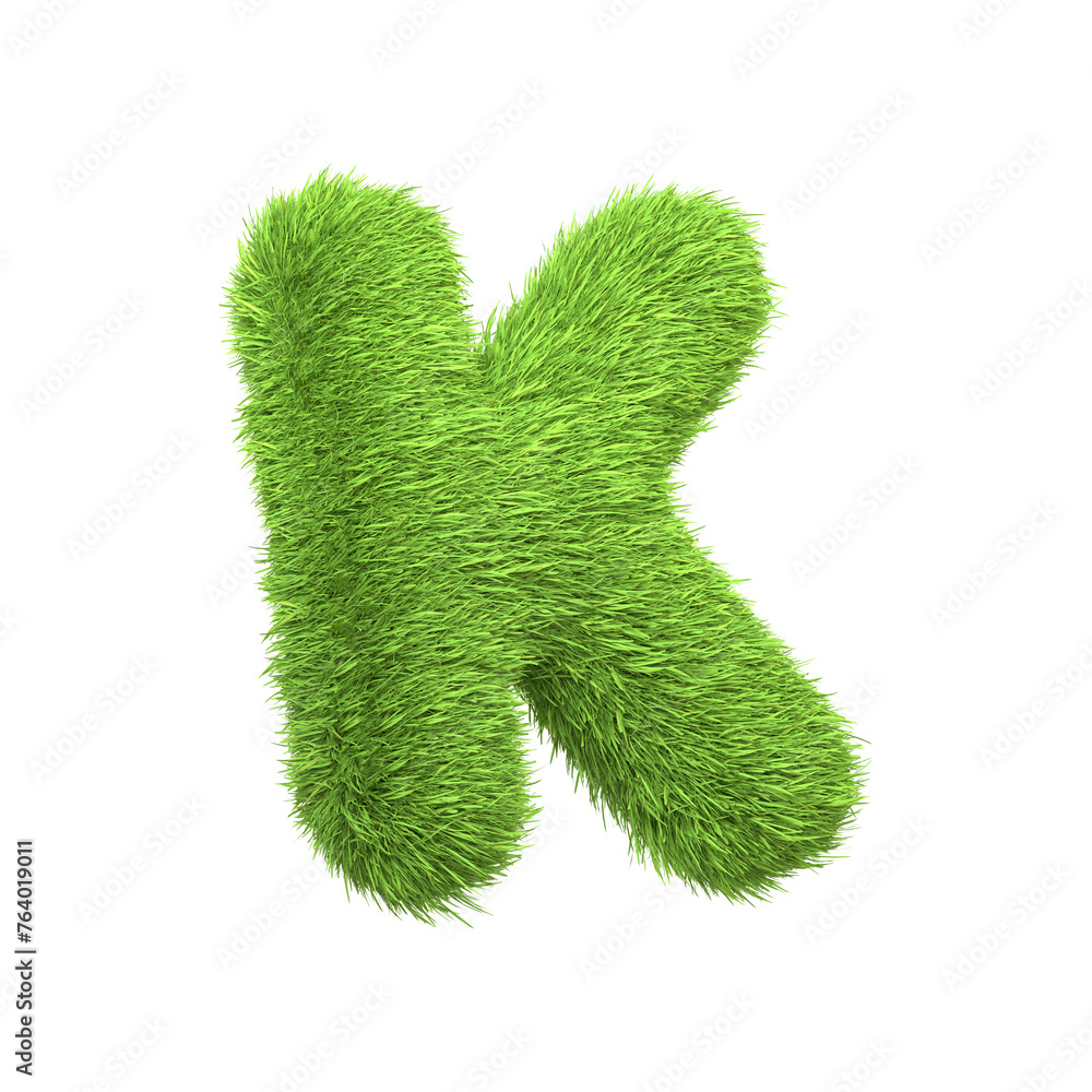 Capital letter K shaped from lush green grass, isolated on a white background. Side view. 3D render illustration Capital letter K shaped from lush green grass, isolated on a white background. Side view. 3D render illustration