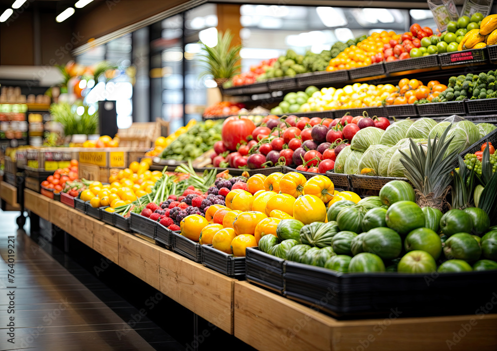 Fruits and vegetables on the shelves of a grocery store or supermarket