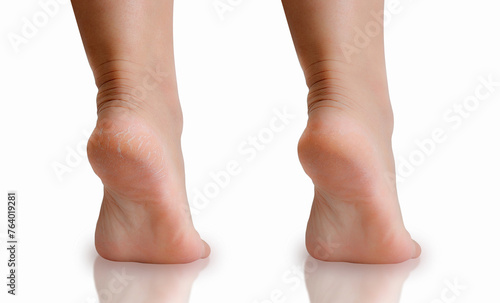 Feet with dry skin before and after treatment, comparison of a dry heel with clean healthy foot. Keratinized skin on the foot. Skin treatment of corns skin concept. © Praewphan