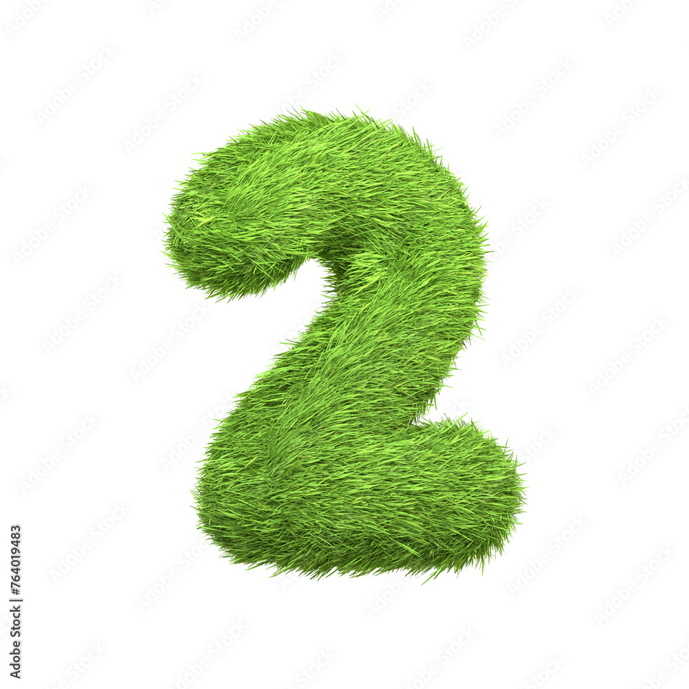 The number 2 shaped from dense green grass, set against a pure white backdrop. Number two. Front view. 3D render illustration The number 2 shaped from dense green grass, set against a pure white backdrop. Number two. Front view. 3D render illustration