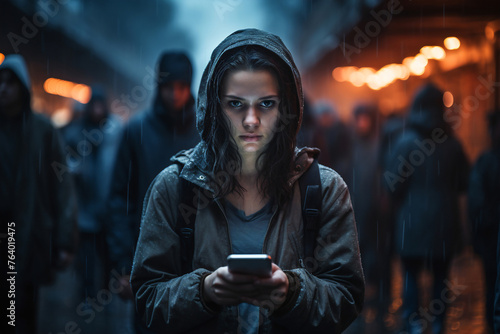 A woman in dark clothes looks sad while holding her phone, portraying feelings of loneliness and distress.