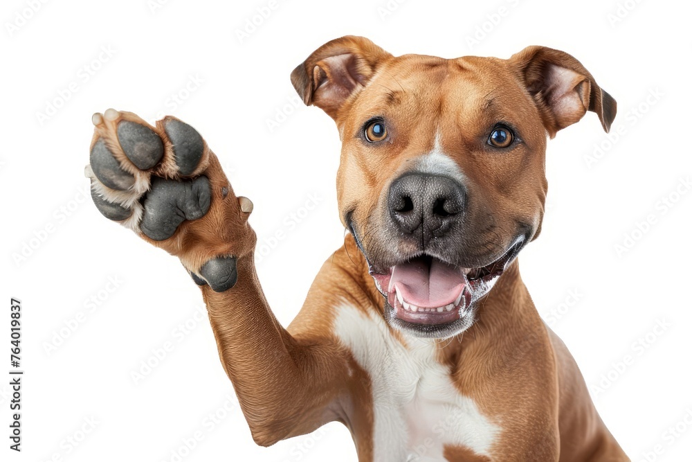 Cute dog raised his paw up close up happy face, isolated on white background, studio shot, funny animal
