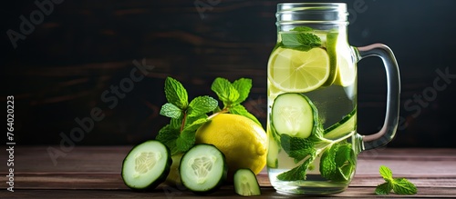 There is a pitcher of water with cucumber and lemons placed on a table