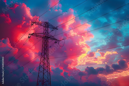 High Voltage Power Line Against Colorful Sky