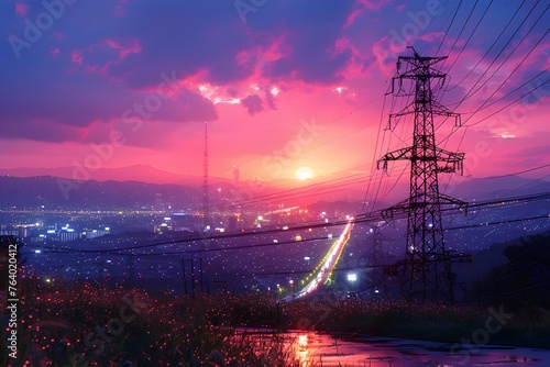 Sun Setting Over City With Power Lines