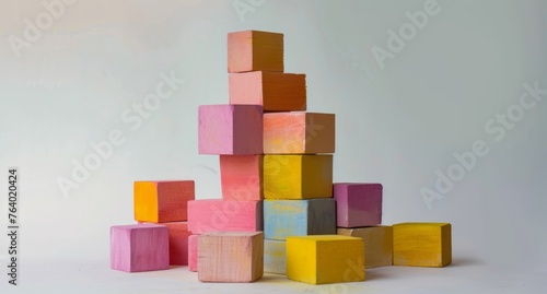 The tower of colorful blocks  styled with dark yellow and light pink tones  is reminiscent of chalk art.