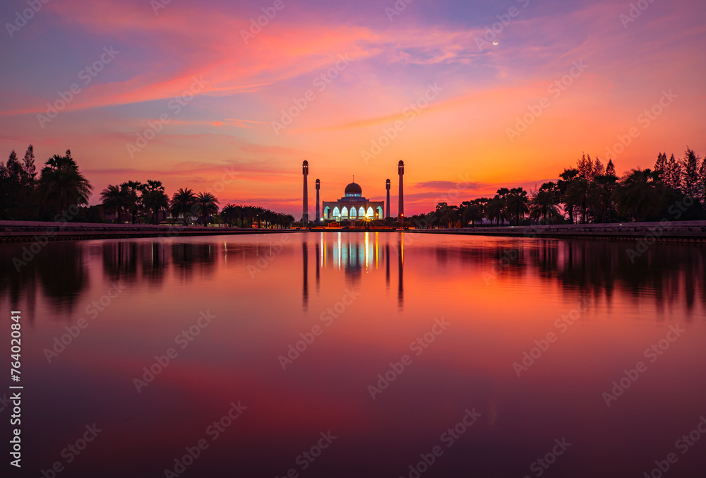 Hat Yai central mosque(masjid) with a beautiful clouds and orange skies cloud, Songkhla, Thailand. Beautiful mosque