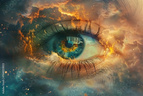 Detailed fiery eye digital artwork - An intensely detailed digital artwork of an eye with fiery and cosmic elements, evoking intrigue photo