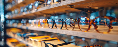 wall of glasses. display case with glasses for vision in an optical store