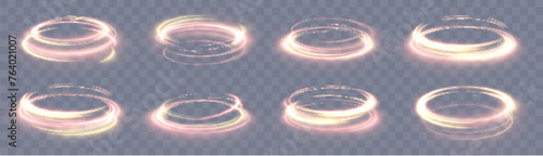 Vector set. Magic portals, yellow light hologram effect, futuristic energy vortex elements. Teleport, glowing GUI, virtual reality UI projector.