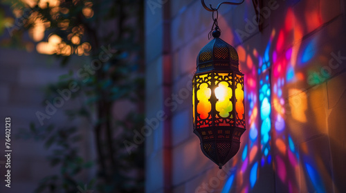 Arabic lantern with burning candle glowing