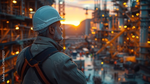 Contemplative Worker Overlooking Dusk-lit Industrial Landscape