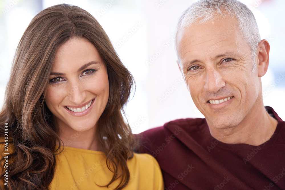 Couple, portrait and happiness for love and marriage, unique relationship and support for trust at home. Senior man, young woman and age difference, commitment and loyalty with partner and pride Couple, portrait and happiness for love and marriage, unique relationship and support for trust at home. Senior man, young woman and age difference, commitment and loyalty with partner and pride