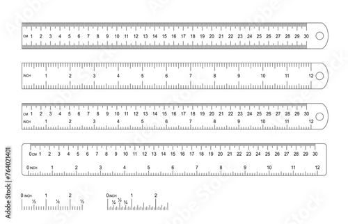 Grids for a ruler in millimeter, centimeter, meter and inch. Rulers mm, cm, m scale. metric units measuring scale bars for ruler. scale 1:100, 1:75, 1:50 and 1:25. Tape measure. Tools sign