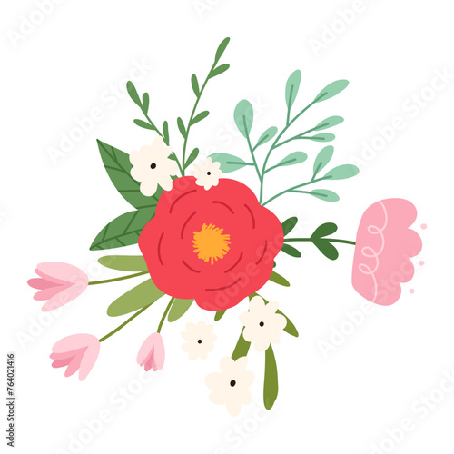 Floral composition in cute cartoon flat style, vector illustration isolated on white background. Hand drawn spring and summer flower bouquet with rose and tulips.