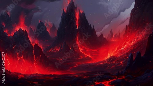 volcano of fire and landscape of the underworld completely devastated and ablaze. animation on the theme of evil and demons photo